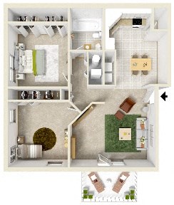 Floor plan for 2 beds, 1 bath, 850 sqft